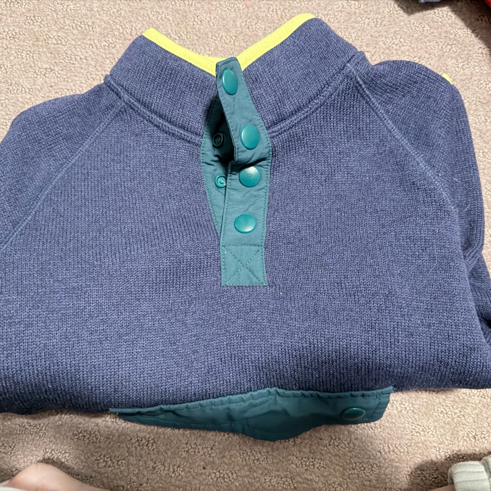 L.L. Bean Navy Crewneck Sweater with Teal Snap Placket and Yellow Trim